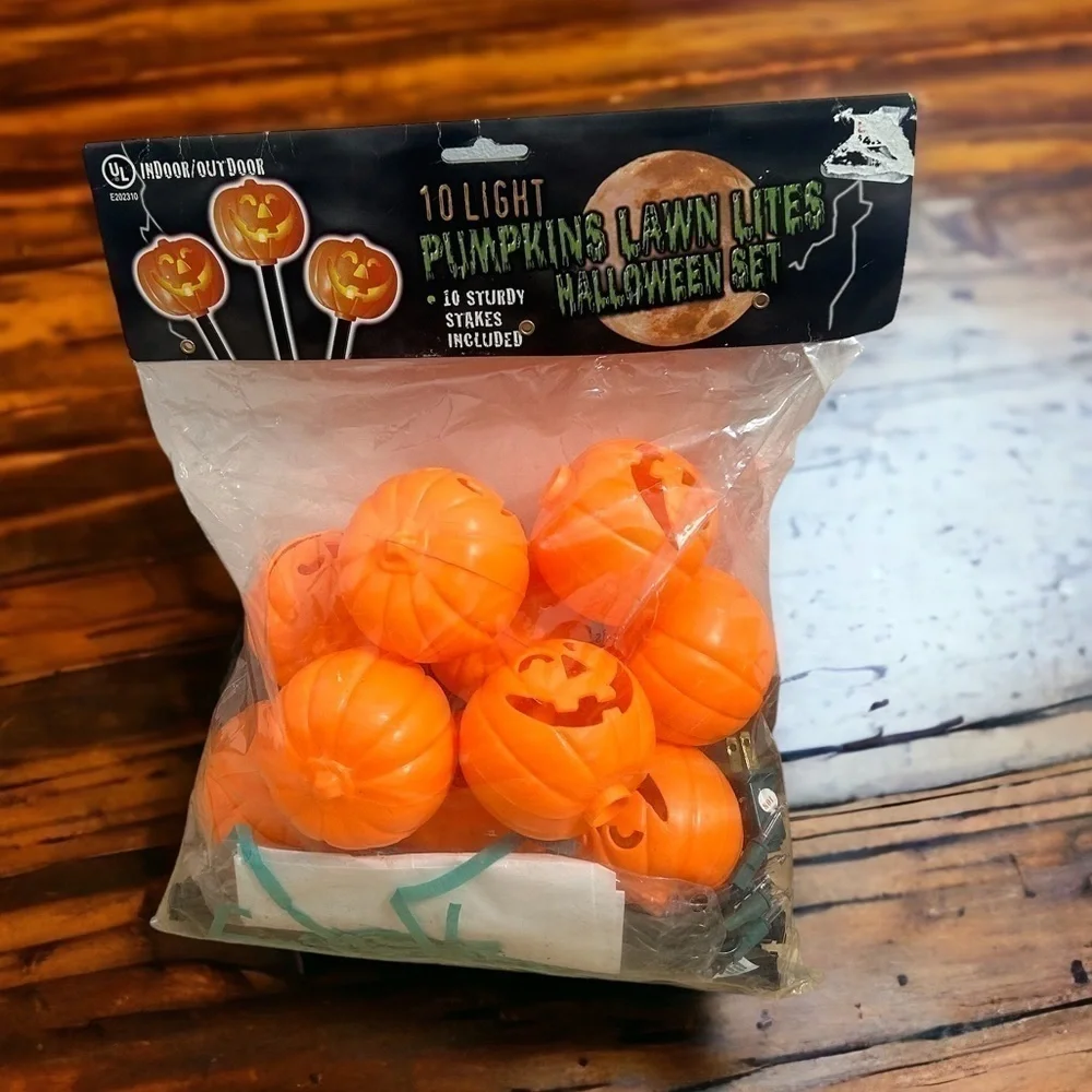 Vintage Blow Mold Pumpkin Lawn Lights Set of 10 NEW Orange Halloween Decorations